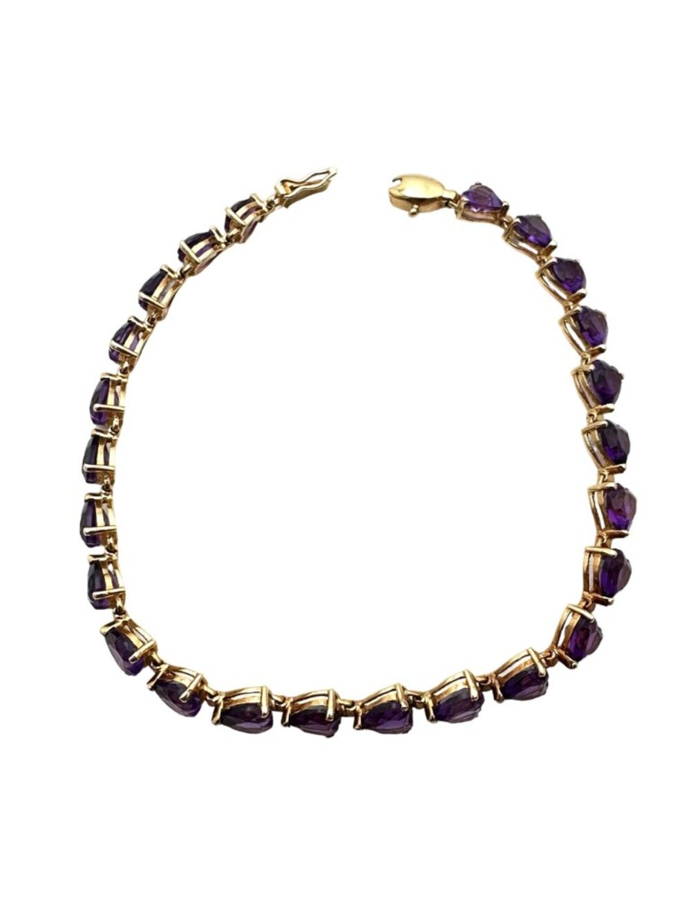 14K Gold Purple Amethyst Braceket Heart Stones Tennis Style 6.5 inch - Picture 4 of 7